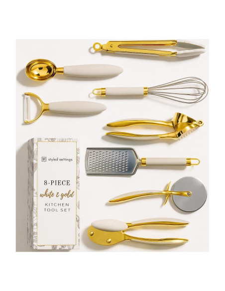Juego de Utensilios de Cocina 8 Piezas Blanco y Dorado - Accesorios Elegantes Juego de Utensilios de Cocina 8 Piezas Blanco y Dorado - Accesorios Elegantes