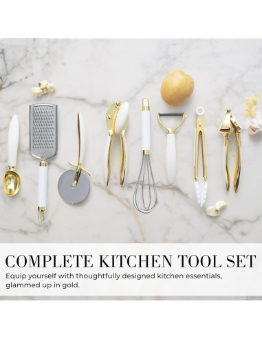Juego de Utensilios de Cocina 8 Piezas Blanco y Dorado - Accesorios Elegantes