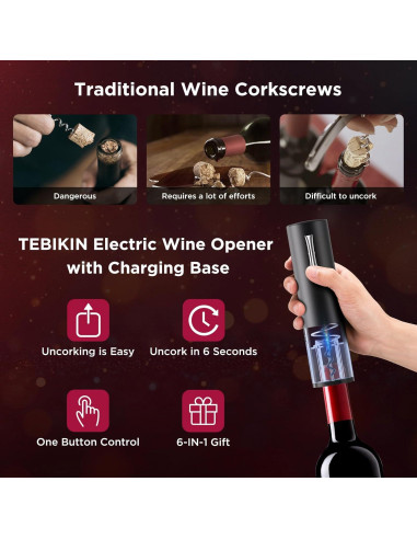 Abridor de Vino Eléctrico TEBIKIN con Base de Carga y Aerador