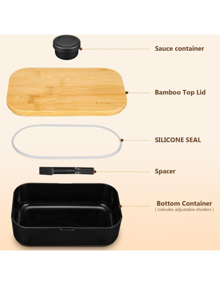 Caja Bento EOIMS de Bambú 1000ml a Prueba de Fugas Negra Caja Bento EOIMS de Bambú 1000ml a Prueba de Fugas Negra