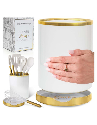 Soporte de Utensilios de Cocina Blanco y Dorado - 2 Piezas