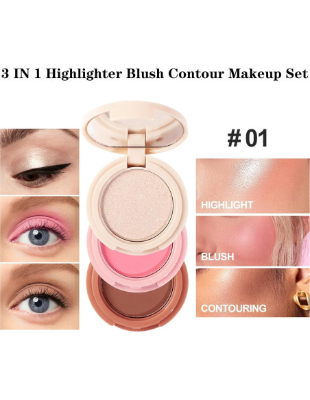 Paleta de Maquillaje 3 en 1 Yeweian - Rubor, Contorno e Iluminador Paleta de Maquillaje 3 en 1 Yeweian - Rubor, Contorno e Iluminador