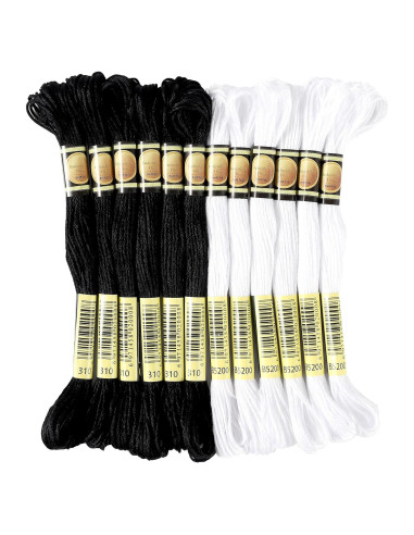 Set de 12 Madejas Hilo de Bordar Xiphum 8m Negro y Blanco