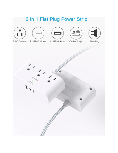 Regleta de Enchufes Planos HANYCONY 6 Pies 3 Salidas 3 USB