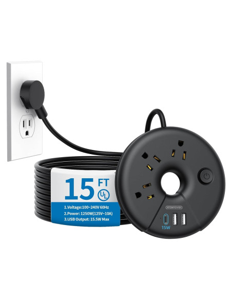 Regleta de Enchufes NTONPOWER 15FT con 3 Salidas y USB Regleta de Enchufes NTONPOWER 15FT con 3 Salidas y USB
