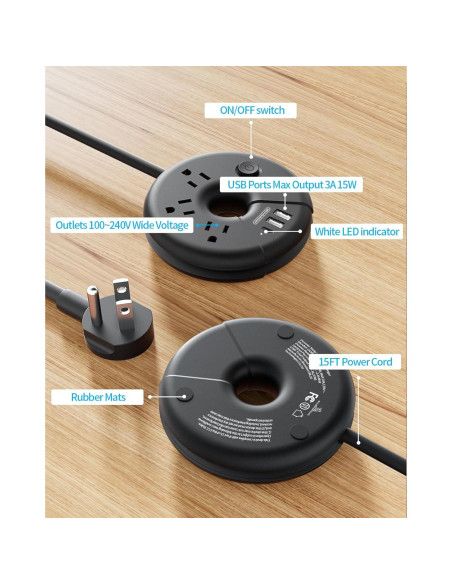 Regleta de Enchufes NTONPOWER 15FT con 3 Salidas y USB Regleta de Enchufes NTONPOWER 15FT con 3 Salidas y USB
