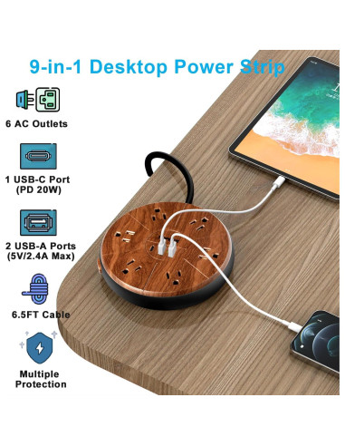 Regleta de alimentación TOPREK 6 tomas + 3 USB-C 20W madera
