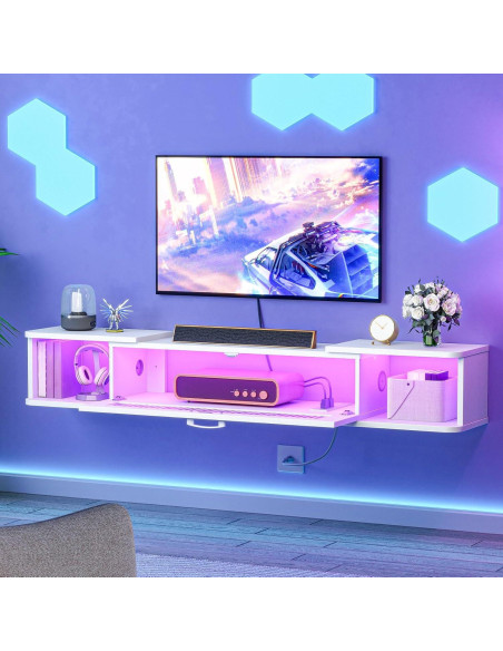 Soporte de TV Flotante HOOBRO Blanco con Luz LED y 3 Tomas Soporte de TV Flotante HOOBRO Blanco con Luz LED y 3 Tomas