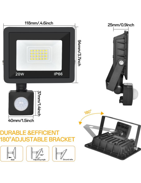 Luz de Inundación LED RERBIO 20W con Sensor de Movimiento IP66 Luz de Inundación LED RERBIO 20W con Sensor de Movimiento IP66