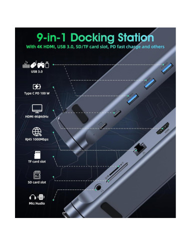 Soporte Docking 9 en 1 BoYata USB-C con HDMI 4K y 3 USB 3.0