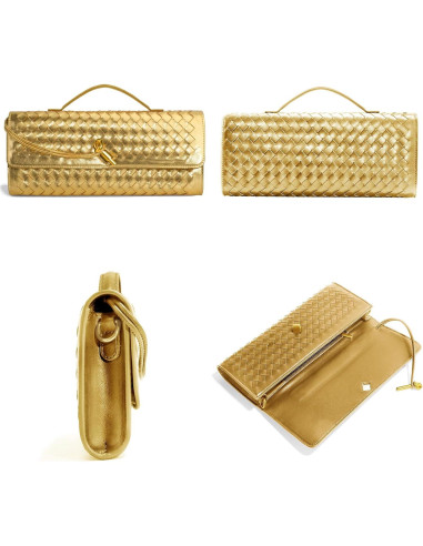Bolso de Mano Tejido para Mujeres - Cuero PU Dorado 30x5x12cm