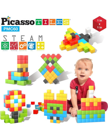 PicassoTiles Set de Cubos Magnéticos 60 Piezas 3D STEM