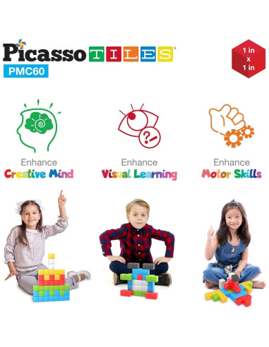 PicassoTiles Set de Cubos Magnéticos 60 Piezas 3D STEM