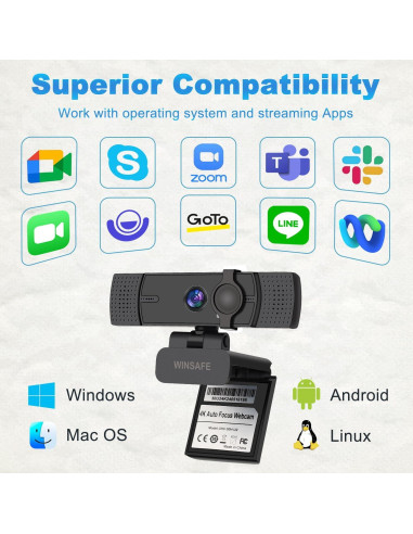 Cámara Web 4K WINSAFE UHV-50H, Enfoque Automático, USB