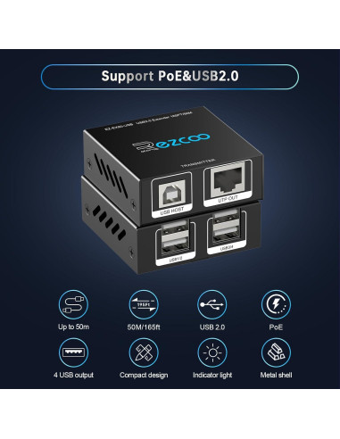 Extensor USB 50m EZCOO HUB 4 Puertos USB2.0 sobre Ethernet
