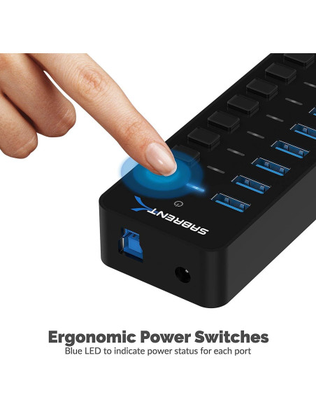 Hub USB 3.0 Sabrent 10 Puertos 60W con Interruptores LED Hub USB 3.0 Sabrent 10 Puertos 60W con Interruptores LED