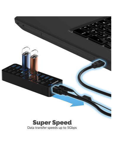 Hub USB 3.0 Sabrent 10 Puertos 60W con Interruptores LED