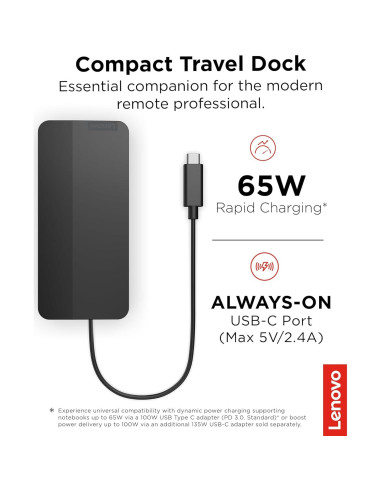 Dock de Viaje USB-C Lenovo - 7 Puertos, Duales Pantallas 4K
