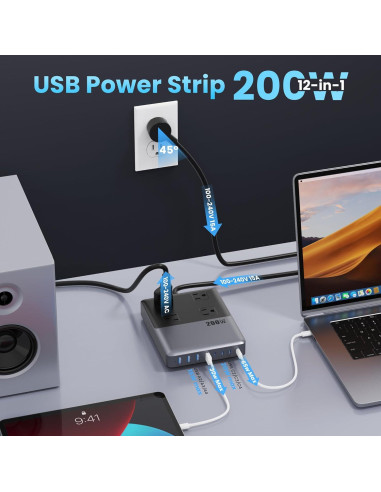 Estación de Carga 12-en-1 USB C 200W con 4 AC y 8 USB