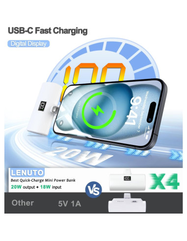 Cargador Portátil USB-C LENUTO 6000mAh Carga Rápida 20W - Blanco