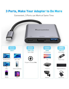 Adaptador USB C a HDMI 4K Rucumin con 100W PD y USB 3.0 2