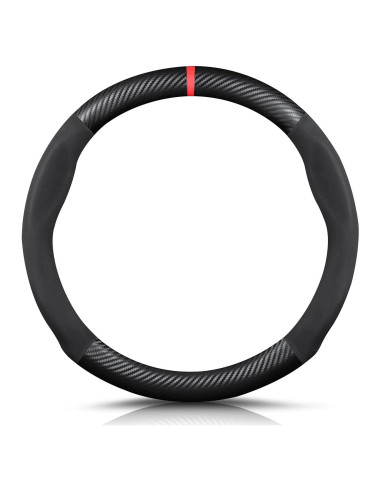Cubierta de Volante Ergocar 38cm Fibra Carbono y Cuero PU - Negro Rojo
