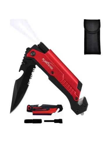 Cuchillo Plegable 7-en-1 Albatross con Linterna y Rompedor de Cristales - Herramienta de Emergencia Roja