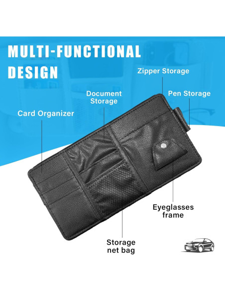 Organizador de Visera de Sol para Auto Augeny Negro PU 15x30cm Organizador de Visera de Sol para Auto Augeny Negro PU 15x30cm