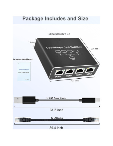 Divisor Ethernet 1 a 4 LIEZHUA con Cable LAN Cat 6 1000Mbps