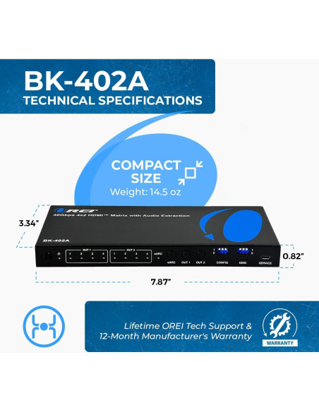 Interruptor Matriz HDMI 8K OREI BK-402A 4x2 con Extractor de Audio Interruptor Matriz HDMI 8K OREI BK-402A 4x2 con Extractor de Audio
