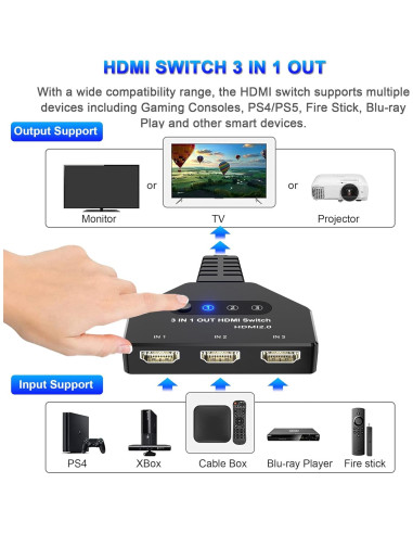 Conmutador HDMI 3 en 1 AUKOKIOULA 4K@60Hz Soporta HDCP 2.2