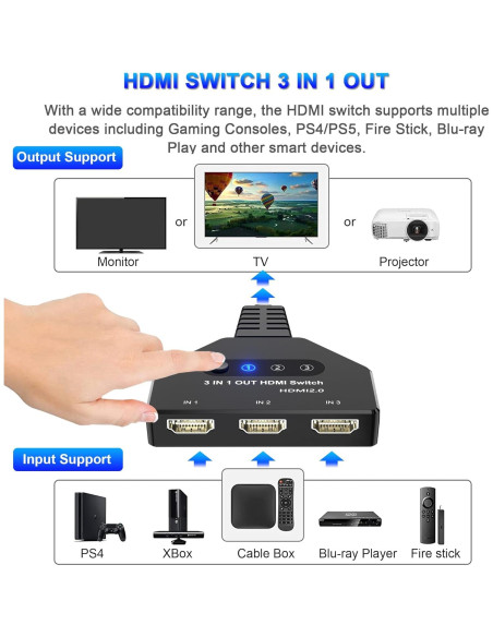 Conmutador HDMI 3 en 1 AUKOKIOULA 4K@60Hz Soporta HDCP 2.2 Conmutador HDMI 3 en 1 AUKOKIOULA 4K@60Hz Soporta HDCP 2.2