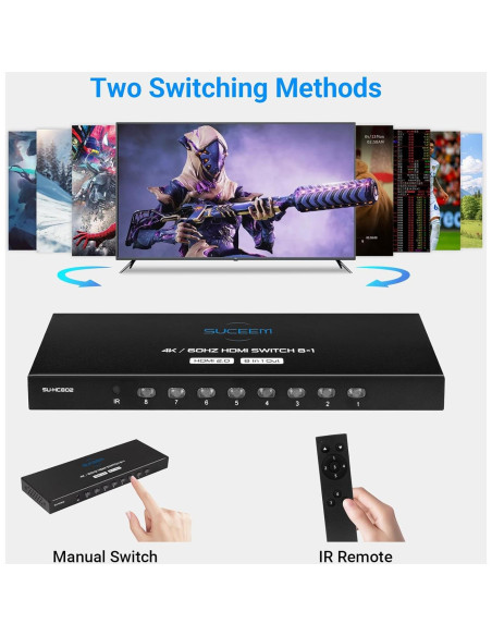 Conmutador HDMI 8 en 1 Suceem 4K 60Hz con Control Remoto Conmutador HDMI 8 en 1 Suceem 4K 60Hz con Control Remoto