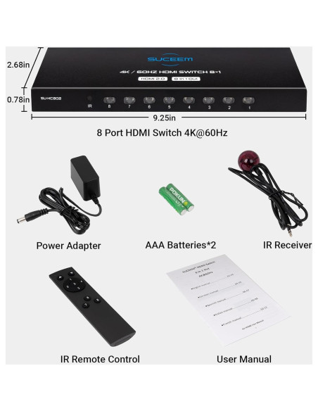 Conmutador HDMI 8 en 1 Suceem 4K 60Hz con Control Remoto Conmutador HDMI 8 en 1 Suceem 4K 60Hz con Control Remoto
