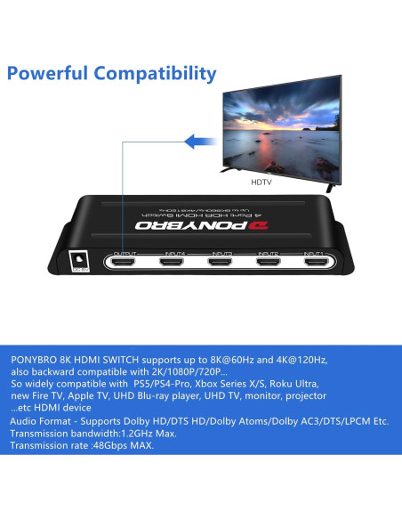Conmutador HDMI 8K PONYBRO 4 Puertos 48Gbps Automático Conmutador HDMI 8K PONYBRO 4 Puertos 48Gbps Automático