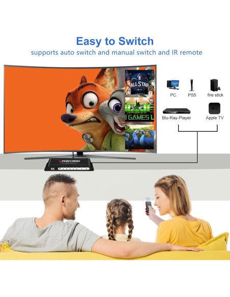Conmutador HDMI 8K PONYBRO 4 Puertos 48Gbps Automático Conmutador HDMI 8K PONYBRO 4 Puertos 48Gbps Automático
