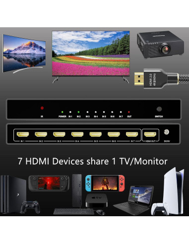 KAGO Switch HDMI 7 en 1 4K 60Hz con Control Remoto
