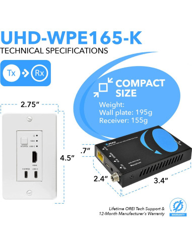 Extensor HDMI/USB-C OREI UHD 4K 60Hz hasta 50m Cat6/Cat7
