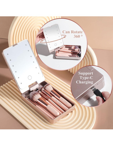 Juego de Brochas de Maquillaje BS-MALL con Espejo LED 14 Pcs