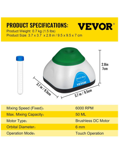 Mezclador Vortex VEVOR 6000RPM Mini 50mL Verde
