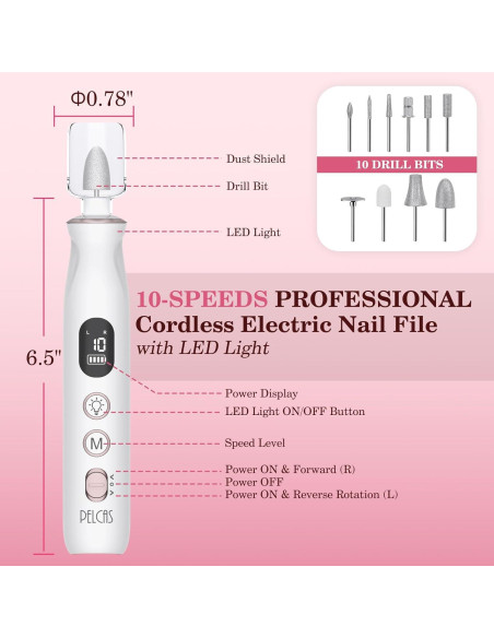 Lima de Uñas Eléctrica PELCAS Inalámbrica 10 Velocidades LED Lima de Uñas Eléctrica PELCAS Inalámbrica 10 Velocidades LED