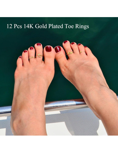 Juego de 12 Anillos para Dedos de los Pies WAINIS Oro 14K Ajustables