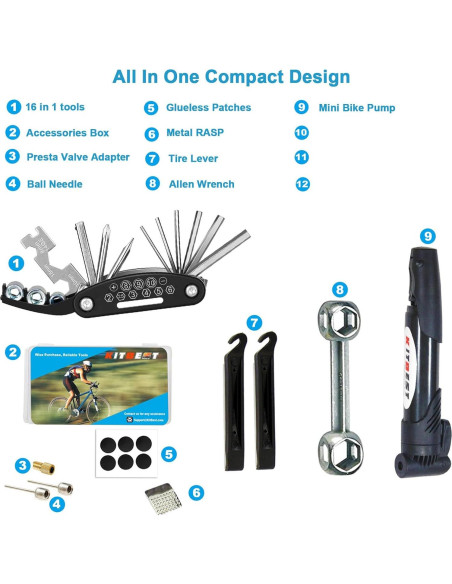 Kit de Herramientas para Bicicletas Kitbest 16 en 1 con Bomba 120 PSI Kit de Herramientas para Bicicletas Kitbest 16 en 1 con Bomba 120 PSI