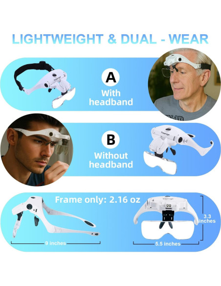 Gafas de aumento recargables TMANGO con luz LED y 5 lentes Gafas de aumento recargables TMANGO con luz LED y 5 lentes