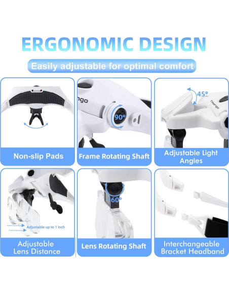 Gafas de aumento recargables TMANGO con luz LED y 5 lentes Gafas de aumento recargables TMANGO con luz LED y 5 lentes