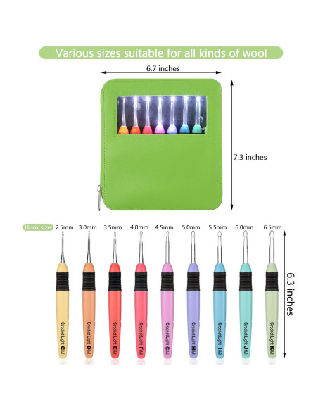 Juego de 9 ganchos de crochet Chuangdi con luz LED 2.5-6.5 mm Juego de 9 ganchos de crochet Chuangdi con luz LED 2.5-6.5 mm