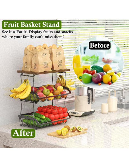 Cesta de Frutas 3 Niveles OKZEST con Tapa de Madera Cesta de Frutas 3 Niveles OKZEST con Tapa de Madera