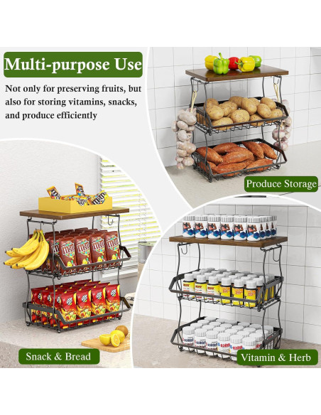 Cesta de Frutas 3 Niveles OKZEST con Tapa de Madera Cesta de Frutas 3 Niveles OKZEST con Tapa de Madera