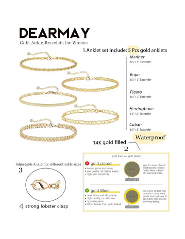 Pulseras de Tobillo DEARMAY Oro 14K 5 Piezas 21.6 cm