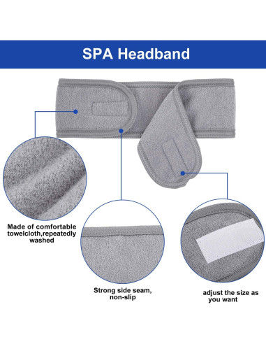 Diadema Facial de Spa Whaline - Paquete de 4 Toallas Rizo Gris